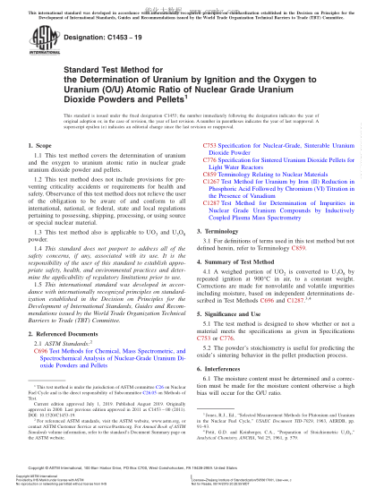 ASTM C1453-2019 用核級二氧化鈾粉末和顆粒燃燒及氧鈾(O/U)原子比法測定鈾的試驗方法 Standard Test Method for the Determination of Uranium by Ignition and the Oxygen to Uranium (O/U) Atomic Ratio of Nuclear Grade Uranium Dioxide Powders and Pellets