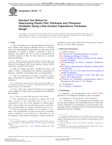 ASTM D8136-2017 用非接觸式電容測厚儀測定塑料薄膜厚度和厚度變化的試驗方法 Standard Test Method for Determining Plastic Film Thickness and Thickness Variability Using a Non-Contact Capacitance Thickness Gauge