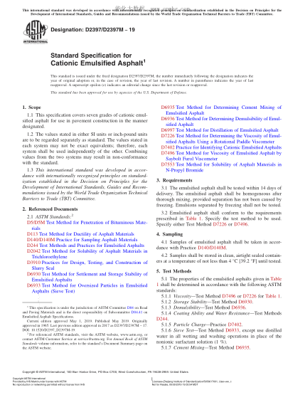 ASTM D2397/D2397M-2019 陽(yáng)離子乳化瀝青規(guī)格 Standard Specification for Cationic Emulsified Asphalt