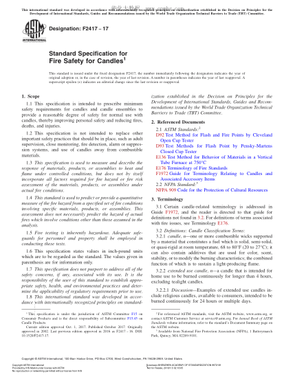 ASTM F2417-2017 蠟燭防火安全規(guī)范 Standard Specification for Fire Safety for Candles