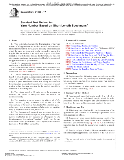 ASTM D1059-2017 基于短--長(zhǎng)試樣的紗線支數(shù)試驗(yàn)方法 Standard Test Method for Yarn Number Based on Short-Length Specimens