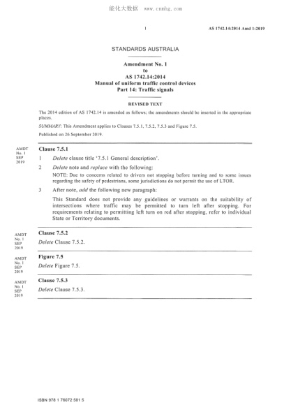 AS 1742.14-2014 AMD.1-2019  Manual of Uniform Traffic Control Devices - Part 14: Traffic Signals