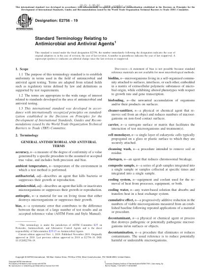 ASTM E2756-2019 有關(guān)抗菌劑和抗病毒劑的術(shù)語 Standard Terminology Relating to Antimicrobial and Antiviral Agents