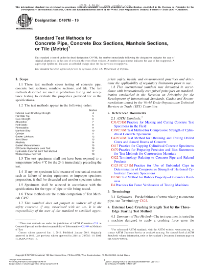 ASTM C497M-2019 混凝土管、人孔構(gòu)件或瓦管試驗方法(米制) Standard Test Methods for Concrete Pipe, Concrete Box Sections, Manhole Sections, or Tile (Metric)