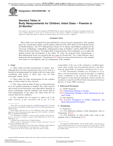 ASTM D4910/D4910M-2019 0～24個月嬰幼兒尺碼身體測量尺寸表 Standard Tables of Body Measurements for Children, Infant Sizes – Preemie to 24 Months