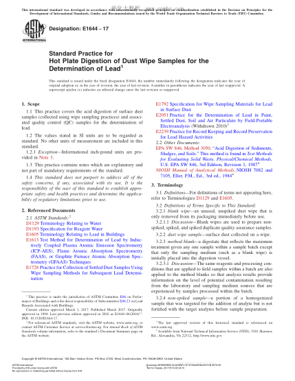ASTM E1644-2017 鉛測(cè)定用塵揩試樣的熱板分解規(guī)程 Standard Practice for Hot Plate Digestion of Dust Wipe Samples for the Determination of Lead