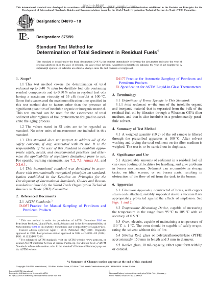 ASTM D4870-2018  Standard Test Method for Determination of Total Sediment in Residual Fuels