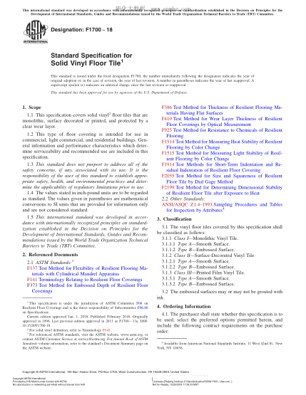 ASTM F1700-2018 固體乙烯基地面磚規(guī)格 Standard Specification for Solid Vinyl Floor Tile