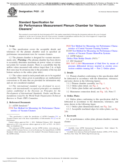 ASTM F431-2021  Standard Specification for Air Performance Measurement Plenum Chamber for Vacuum Cleaners
