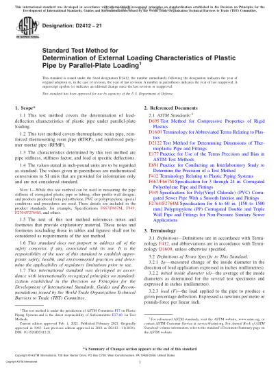 ASTM D2412-2021  Standard Test Method for Determination of External Loading Characteristics of Plastic Pipe by Parallel-Plate Loading