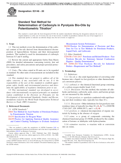 ASTM E3146-2020  Standard Test Method for Determination of Carbonyls in Pyrolysis Bio-Oils by Potentiometric Titration