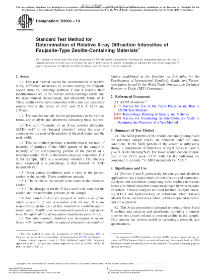 ASTM D3906-2019  Standard Test Method for Determination of Relative X-ray Diffraction Intensities of Faujasite-Type Zeolite-Containing Materials
