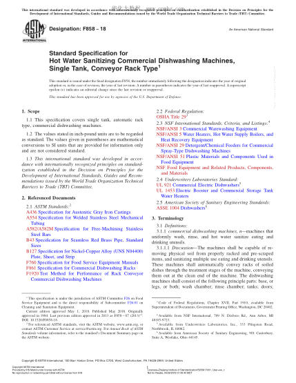 ASTM F858-2018  Standard Specification for Hot Water Sanitizing Commercial Dishwashing Machines,Single Tank,Conveyor Rack Type
