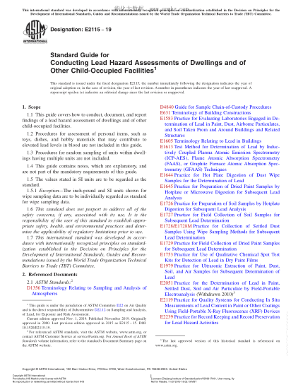 ASTM E2115-2019 住宅和其它兒童設(shè)施鉛危險評估實施指南 Standard Guide for Conducting Lead Hazard Assessments of Dwellings and of Other Child-Occupied Facilities