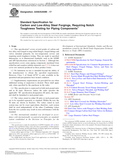 ASTM A350/A350M-2017 管道部件用需要進行切口韌性試驗的碳素鋼與低合金鋼鍛件的規(guī)格 Standard Specification for Carbon and Low-Alloy Steel Forgings,Requiring Notch Toughness Testing for Piping Components