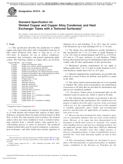 ASTM B1014-2020  Standard Specification for Welded Copper and Copper Alloy Condenser and Heat Exchanger Tubes with a Textured Surface(s)