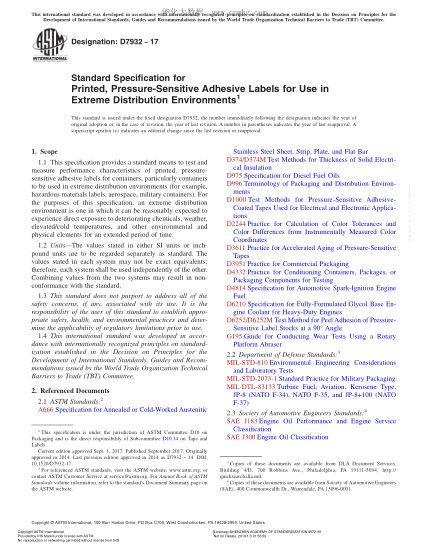 ASTM D7932-2017 極值分布環(huán)境用印刷壓敏膠標簽的規(guī)格 Standard Specification for Printed,Pressure-Sensitive Adhesive Labels for Use in Extreme Distribution Environments