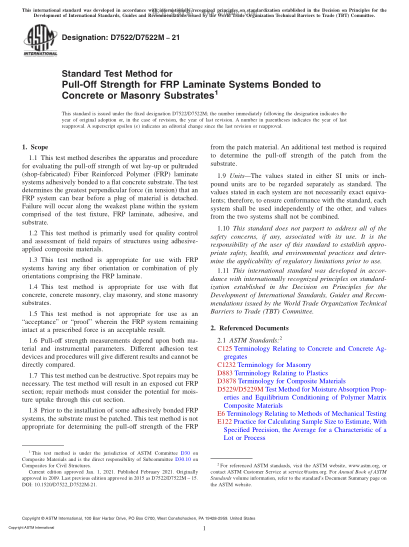 ASTM D7522/D7522M-2021  Standard Test Method for Pull-Off Strength for FRP Laminate Systems Bonded to Concrete or Masonry Substrates