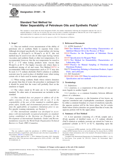 ASTM D1401-2019  Standard Test Method for Water Separability of Petroleum Oils and Synthetic Fluids