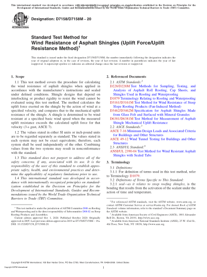 ASTM D7158/D7158M-2020  Standard Test Method for Wind Resistance of Asphalt Shingles (Uplift Force/Uplift Resistance Method)