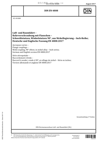 DIN EN 4808-2017  Aerospace series - Flange couplings - Weld coupling, 90° elbow, in nickel alloy - Inch series; German and English version EN 4808:2017