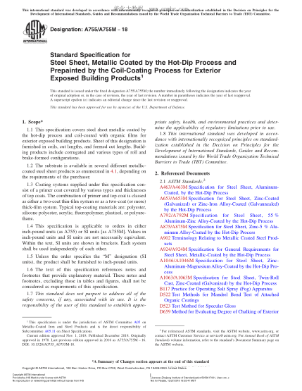 ASTM A755/A755M-2018Standard Specification for Steel Sheet, Metallic Coated by the Hot-Dip Process and Prepainted by the Coil-Coating Process for Exterior Exposed Building Products