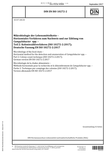 DIN EN ISO 10272-2-2017  Microbiology of the food chain - Horizontal method for the detection and enumeration of Campylobacter spp. - Part 2: Colony-count technique (ISO 10272-2:2017); German version EN ISO 10272-2:2017