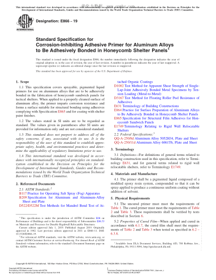 ASTM E866-2019 粘結到蜂窩狀保護板上的鋁合金用防蝕粘合劑底漆規(guī)格 Standard Specification for Corrosion-Inhibiting Adhesive Primer for Aluminum Alloys to Be Adhesively Bonded in Honeycomb Shelter Panels