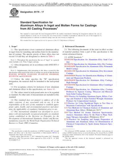ASTM B179-2017所有鑄造工藝鑄件用鋁合金錠和溶融鋁合金的規(guī)格Standard Specification for Aluminum Alloys in Ingot and Molten Forms for Castings from All Casting Processes