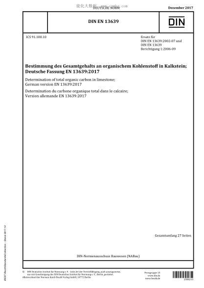 DIN EN 13639-2017  Determination of total organic carbon in limestone; German version EN 13639:2017