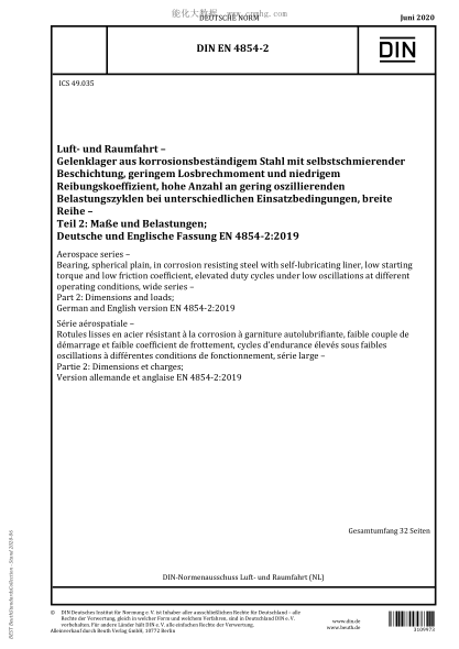 DIN EN 4854-2-2020  Aerospace series - Bearing, spherical plain, in corrosion resisting steel with self-lubricating liner, low starting torque and low friction coefficient, elevated duty cycles under low oscillations at different operating conditions, wid