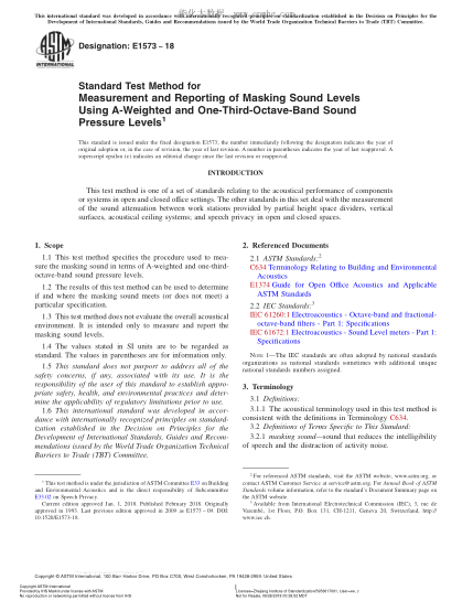 ASTM E1573-2018 使用A加權(quán)和1/3倍頻帶聲壓級(jí)評(píng)價(jià)開放式辦公室掩蔽聲的試驗(yàn)方法 Standard Test Method for Measurement and Reporting of Masking Sound Levels Using A-Weighted and One-Third-Octave-Band Sound Pressure Levels