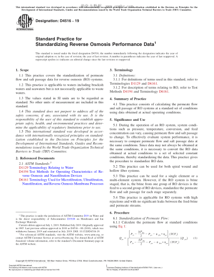 ASTM D4516-2019 反滲透性能數(shù)據(jù)標準化規(guī)程 Standard Practice for Standardizing Reverse Osmosis Performance Data