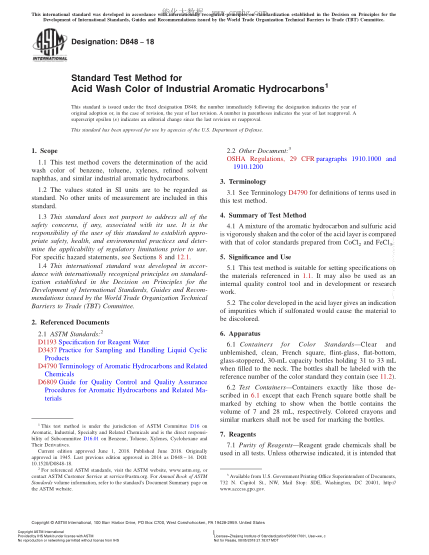 ASTM D848-2018  Standard Test Method for Acid Wash Color of Industrial Aromatic Hydrocarbons