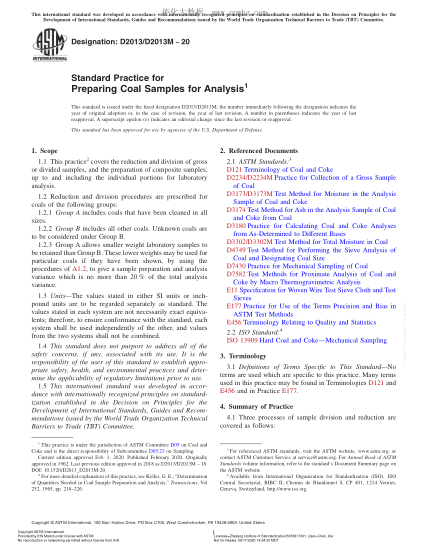 ASTM D2013/D2013M-2020  Standard Practice for Preparing Coal Samples for Analysis