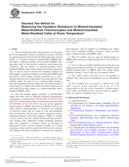 ASTM E780-2017 測量室溫下礦物絕緣的金屬鎧裝熱電偶和熱電偶電纜絕緣電阻的試驗(yàn)方法 Standard Test Method for Measuring the Insulation Resistance of Mineral-Insulated, Metal-Sheathed Thermocouples and Mineral-Insulated, Metal-Sheathed Cable at Room Temperature