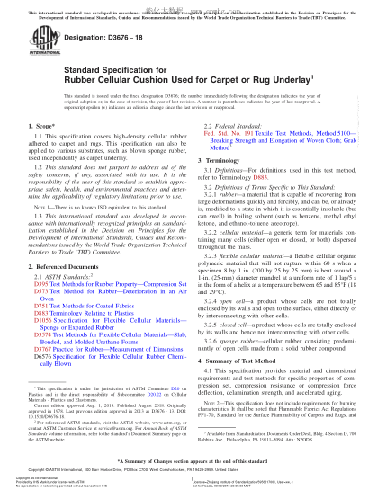ASTM D3676-2018  Standard Specification for Rubber Cellular Cushion Used for Carpet or Rug Underlay