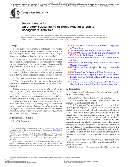 ASTM D6323-2019 有關(guān)廢棄物管理的媒介的實驗室二次抽樣指南 Standard Guide for Laboratory Subsampling of Media Related to Waste Management Activities