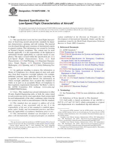 ASTM F3180/F3180M-2019 飛機(jī)低速飛行性能規(guī)范 Standard Specification for Low-Speed Flight Characteristics of Aircraft