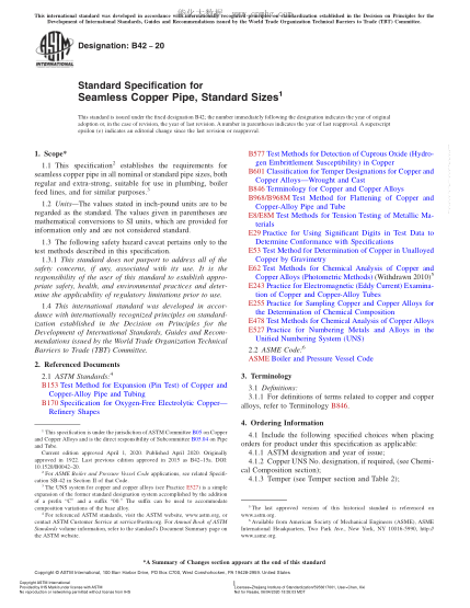 ASTM B42-2020  Standard Specification for Seamless Copper Pipe, Standard Sizes