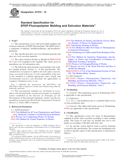 ASTM D7472-2019 EFEP-含氟聚合物模塑材料和擠壓材料規(guī)格 Standard Specification for EFEP-Fluoropolymer Molding and Extrusion Materials