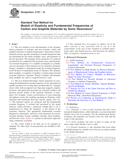 ASTM C747-2016 用聲波共振法測(cè)定炭和石墨材料彈性模量與基本頻率的方法 Standard Test Method for  Moduli of Elasticity and Fundamental Frequencies of Carbon  and Graphite Materials by Sonic Resonance