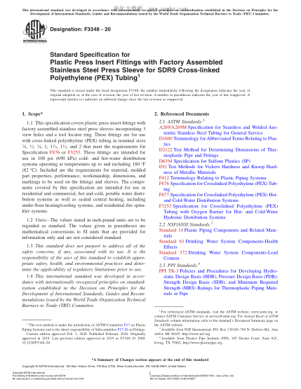 ASTM F3348-2020  Standard Specification for Plastic Press Insert Fittings with Factory Assembled Stainless Steel Press Sleeve for SDR9 Cross-linked Polyethylene (PEX) Tubing