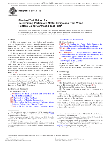 ASTM E3053-2018 用薪材試驗燃料測定木材加熱器顆粒物排放量的方法 Standard Test Method for Determining Particulate Matter Emissions from Wood Heaters Using Cordwood Test Fuel