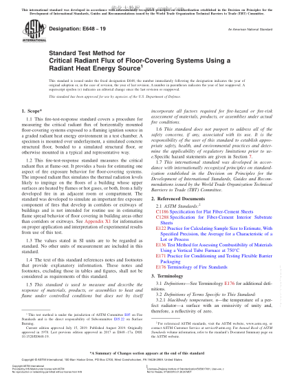 ASTM E648-2019 用輻射熱能源測定地面覆蓋系統(tǒng)臨界輻射通量的試驗方法 Standard Test Method for Critical Radiant Flux of Floor-Covering Systems Using a Radiant Heat Energy Source