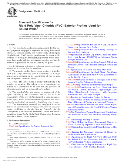 ASTM F3459-2021Standard Specification for Rigid Poly Vinyl Chloride (PVC) Exterior Profiles Used for Sound Walls