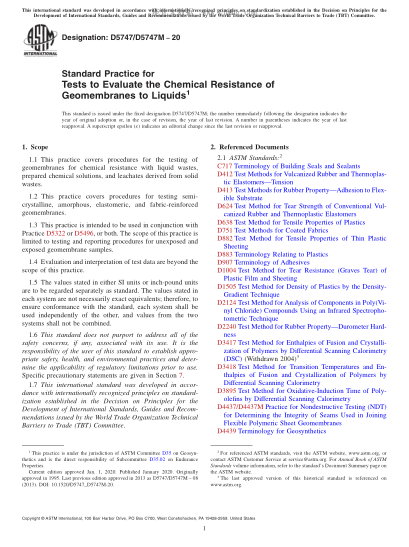 ASTM D5747/D5747M-2020  Standard Practice for Tests to Evaluate the Chemical Resistance of Geomembranes to Liquids