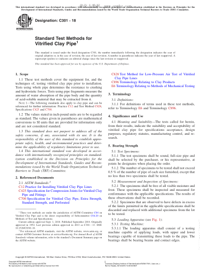 ASTM C301-2018  Standard Test Methods for Vitrified Clay Pipe