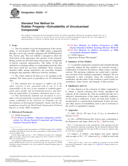 ASTM D2230-2017 橡膠特性--未硫化橡膠化合物可擠壓性試驗方法 Standard Test Method for Rubber Property—Extrudability of Unvulcanized Compounds