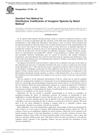 ASTM C1733-2021  Standard Test Method for Distribution Coefficients of Inorganic Species by Batch Method